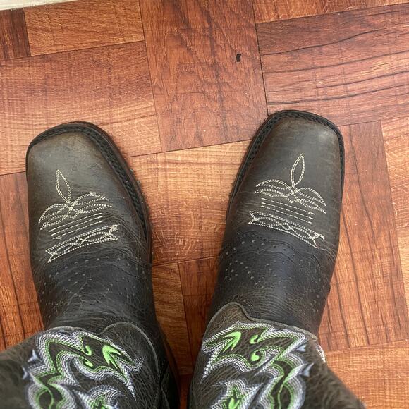 7 Men\'s Double H Roper Leather Green Embroidery Cowboy Boots Square Toe New main image 3